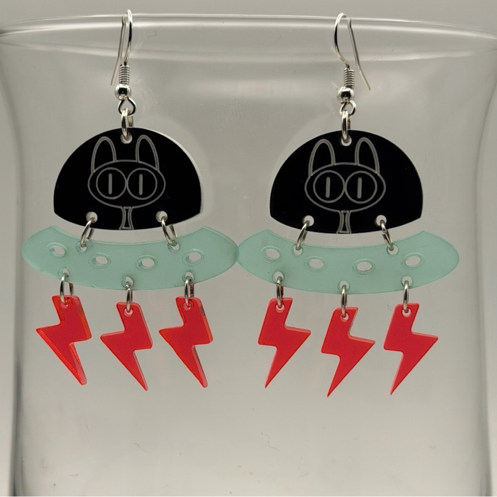 UFO Cat Earrings, mint green glow in the dark piece, w/ pink lightning bolts